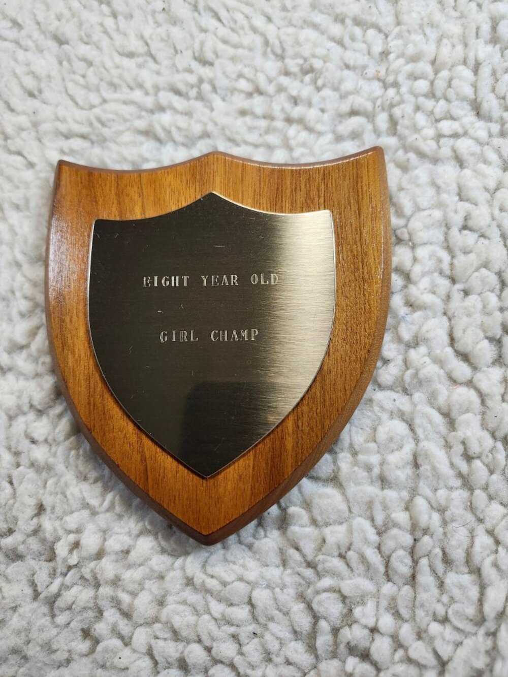 Shield Plaque Eight Year Old Girl Champ Engraved Wood Brass Vintage Award Small